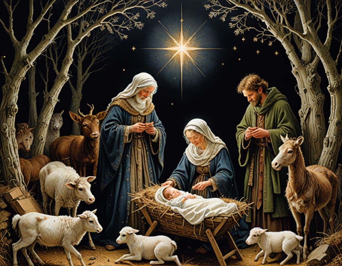 Holy Family Scene with Shepherds in a Golden Light