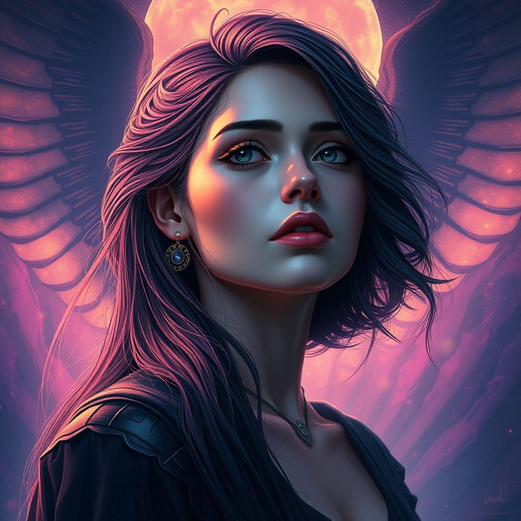 Ethereal Woman Embracing Turbulent Fate in Art Nouveau Style