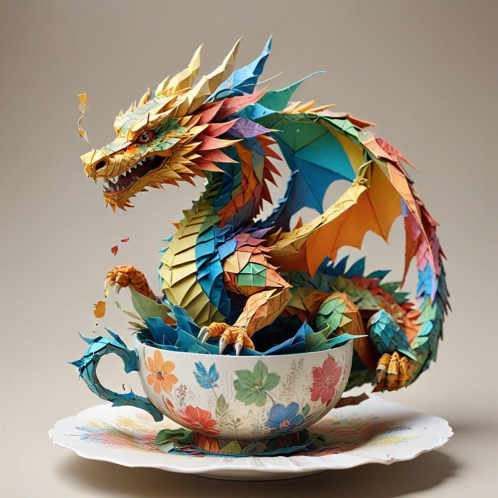 Vibrant Origami Dragon Sipping Tea in Whimsical Papercraft S...