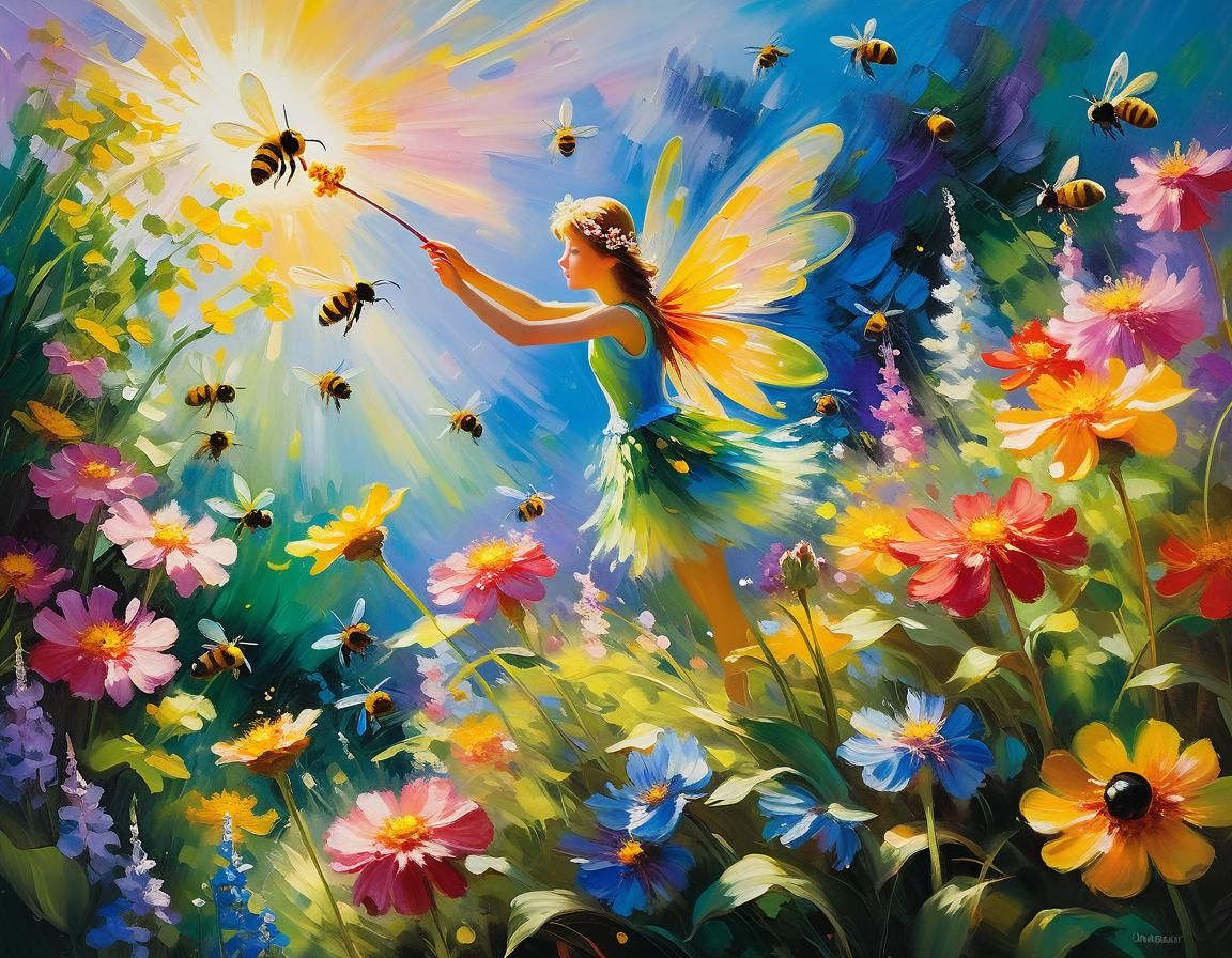 Fairy Paints a Flower in Impressionist Style