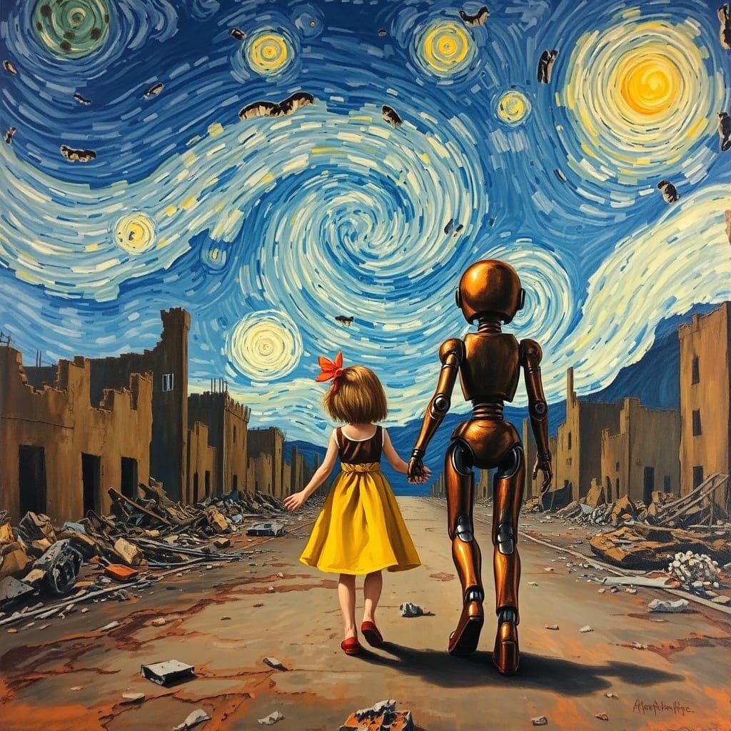 Hope Amidst Ruin in a Van Gogh-Inspired Post-Apocalyptic Sce...