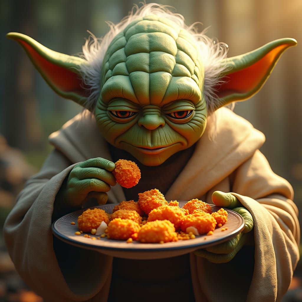 Yoda Savoring Chicken Nuggets in Dreamlike Realm