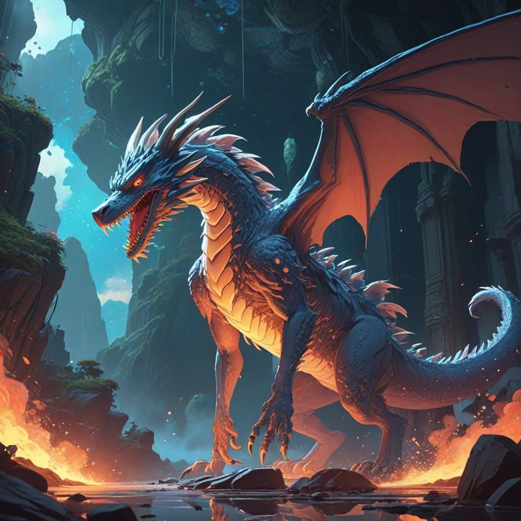 Bioluminescent Dragon Soaring Through Nebula, Anime Style