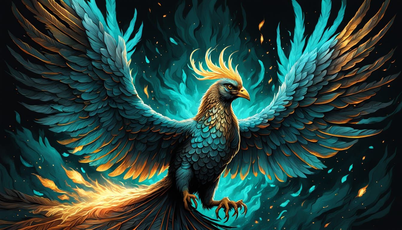 Phoenix Rising from Turquoise Flames: Comic Book Art