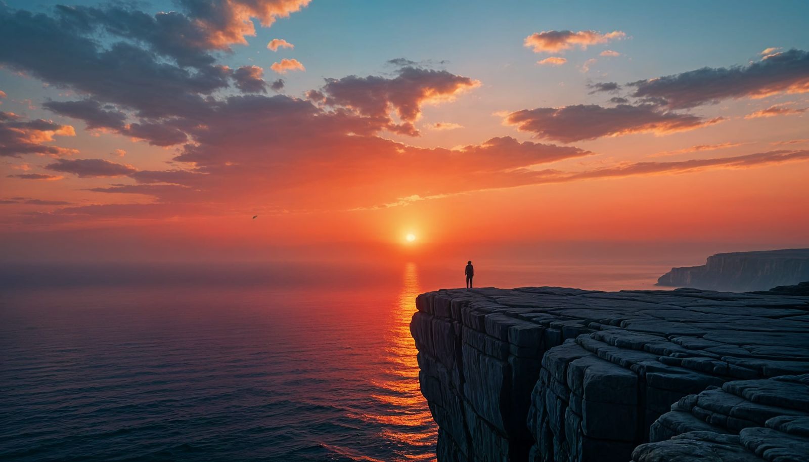 Silhouette Contemplates Sunset Over Vast Sea