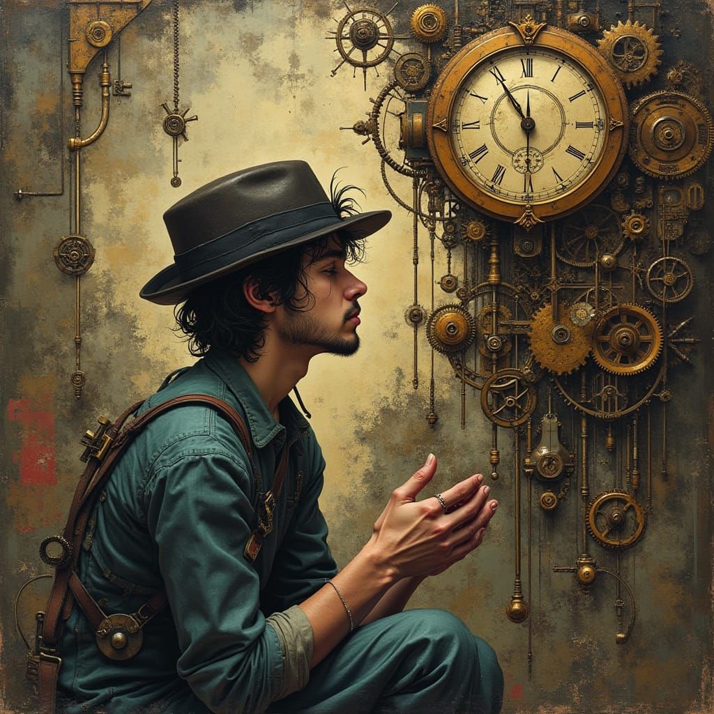 Steampunk Contemplation Amidst Clockwork Gears