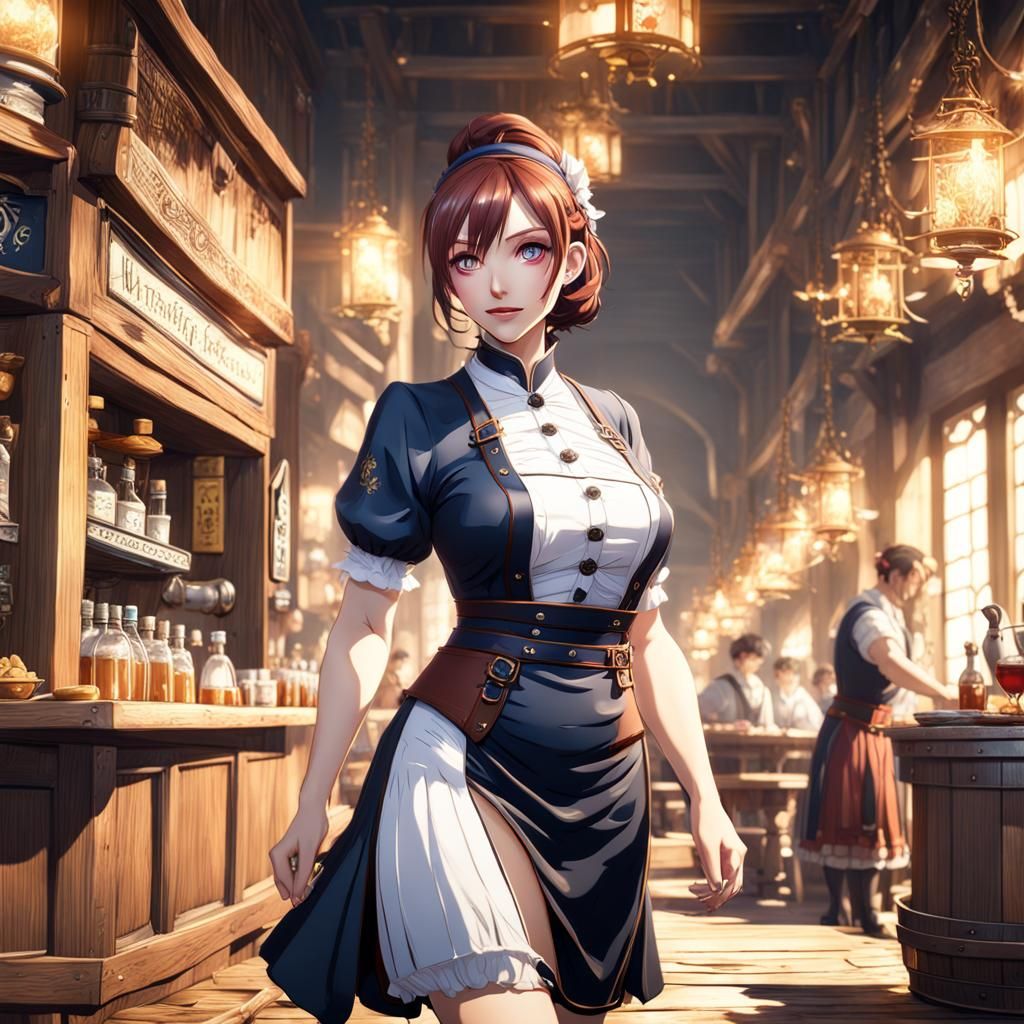 Anime Tavern Waitress in Detailed Digital Painting