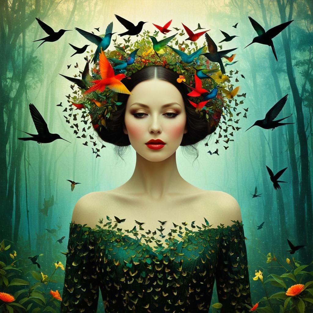 Woman Surrounded by Hummingbirds in Surreal Style