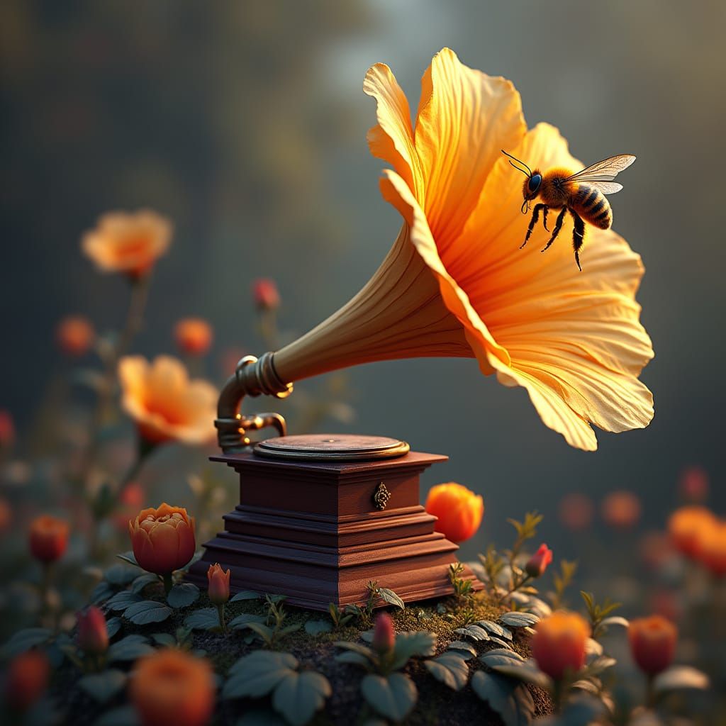 Whimsical Floral Grammaphone with Busy Bee