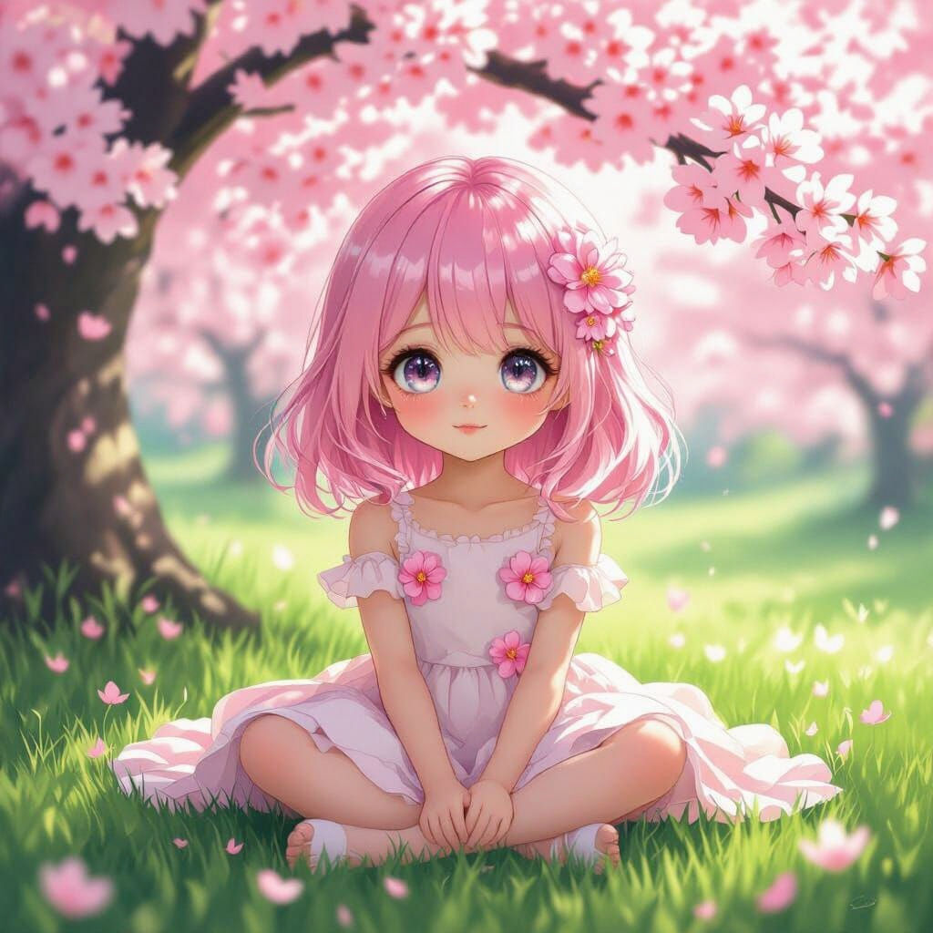 Girl with Pink Hair Under Cherry Blossoms