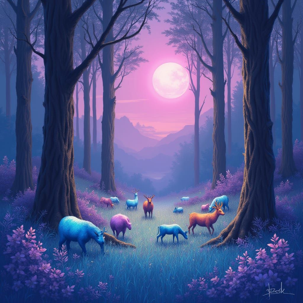 Whimsical Forest Scene in Vibrant Colors and Soft Focus
