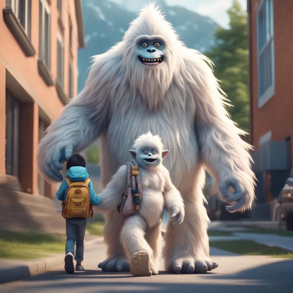 Yeti Mom Takes Son to School: Hyperrealistic
