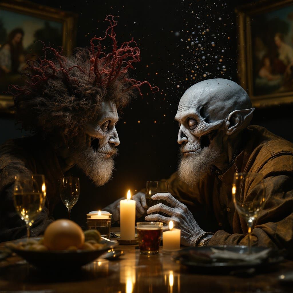 Old Master Paintings Party at Night in Hyperrealism