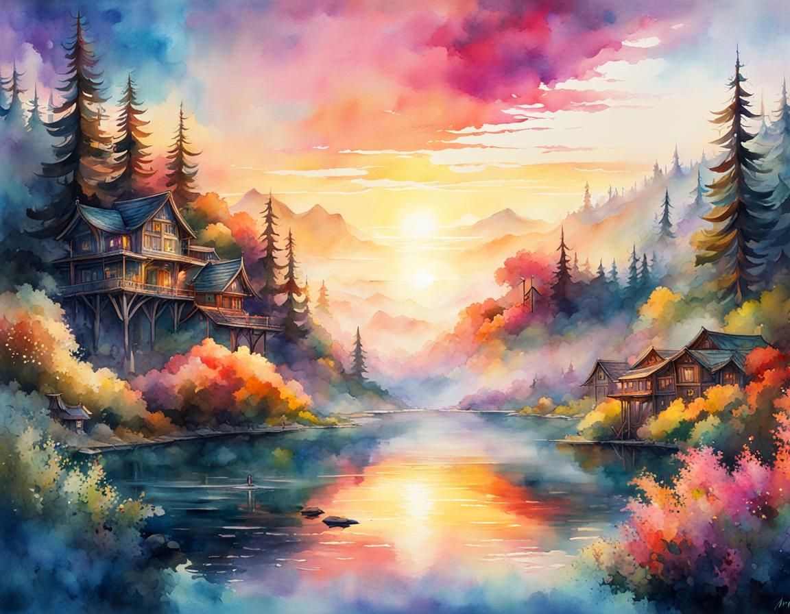 Summer Sunrise: A Digital Watercolor Fantasy Illustration