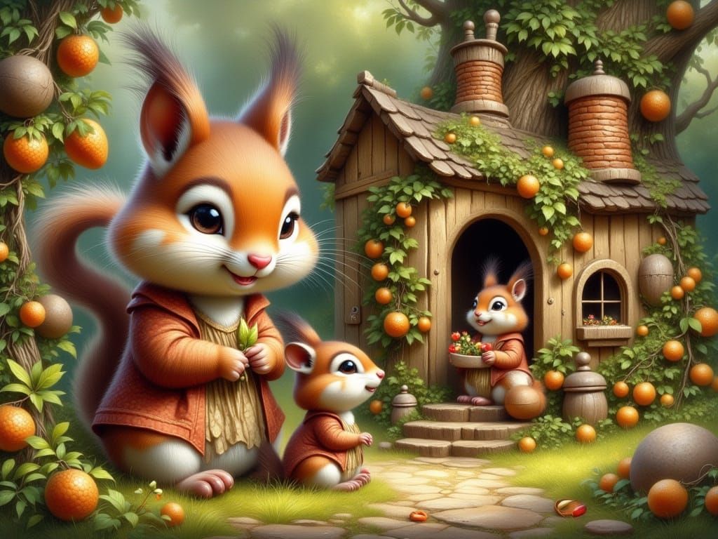 Cute Squirrel Family in Vibrant Oil Painting
