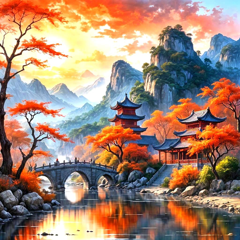 Crimson Chinese Landscape in Watercolor Style