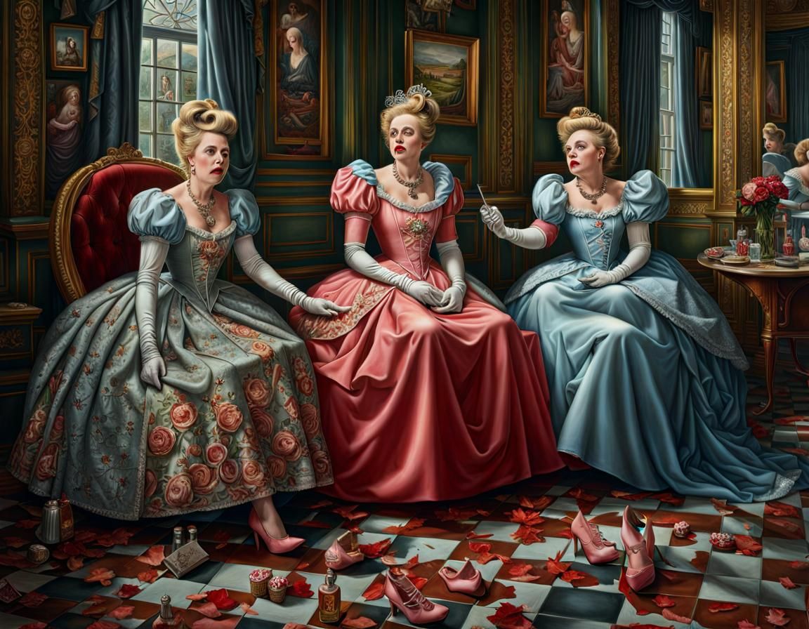 Cinderella's ugly sisters, trying tight shoes