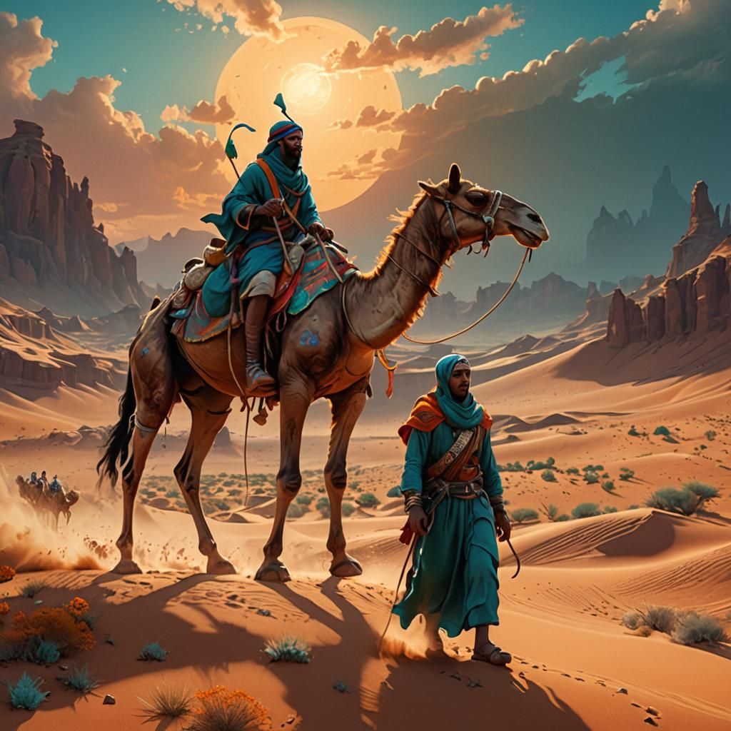 Bedouins in Desert Landscape, Digital Art