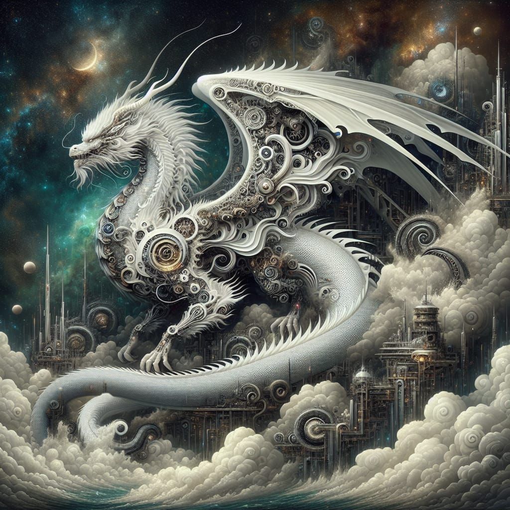 Majestic White Dragon on Cloud in Dreamlike Style