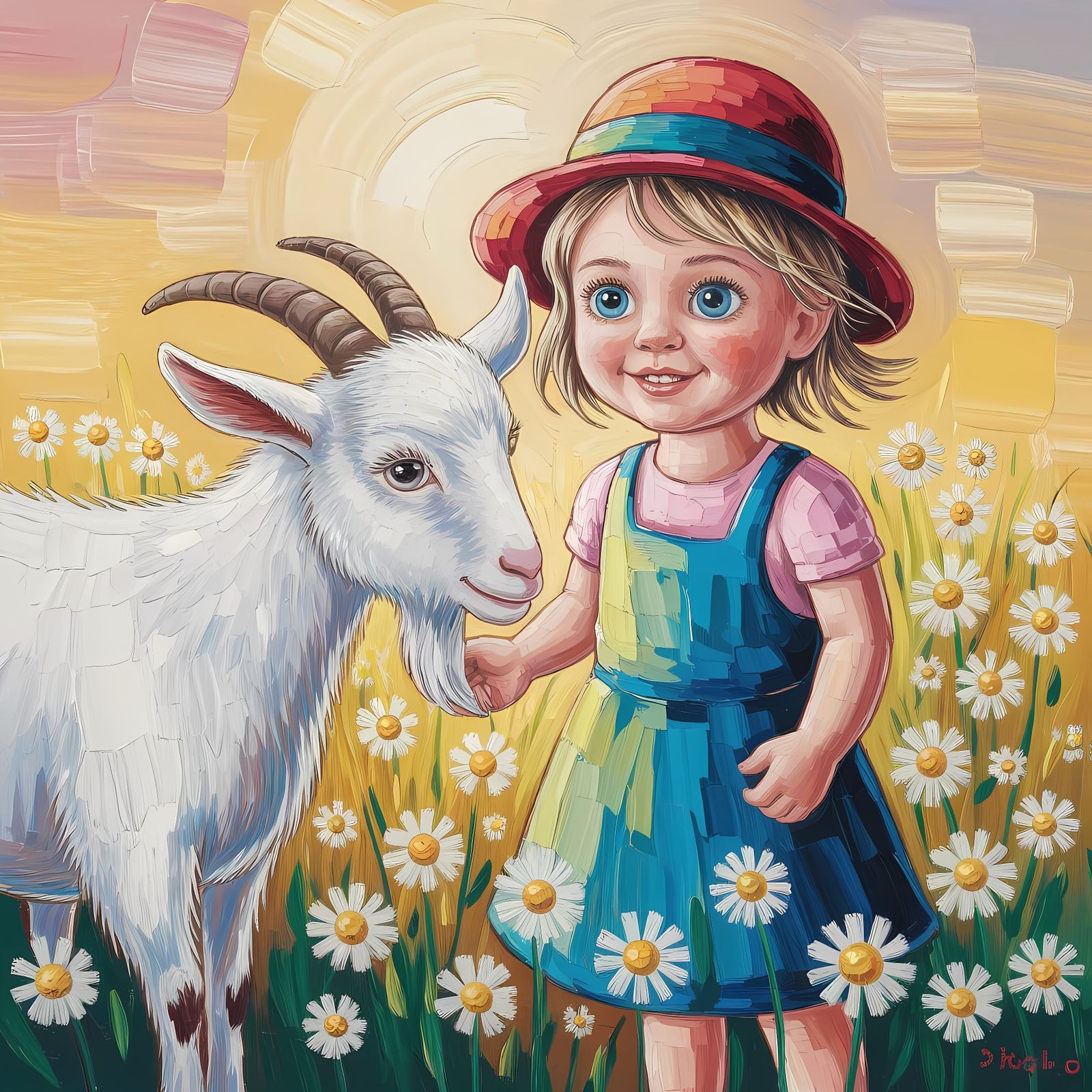 Girl and Goat in Sunlit Field: Neo-Impressionist Painting