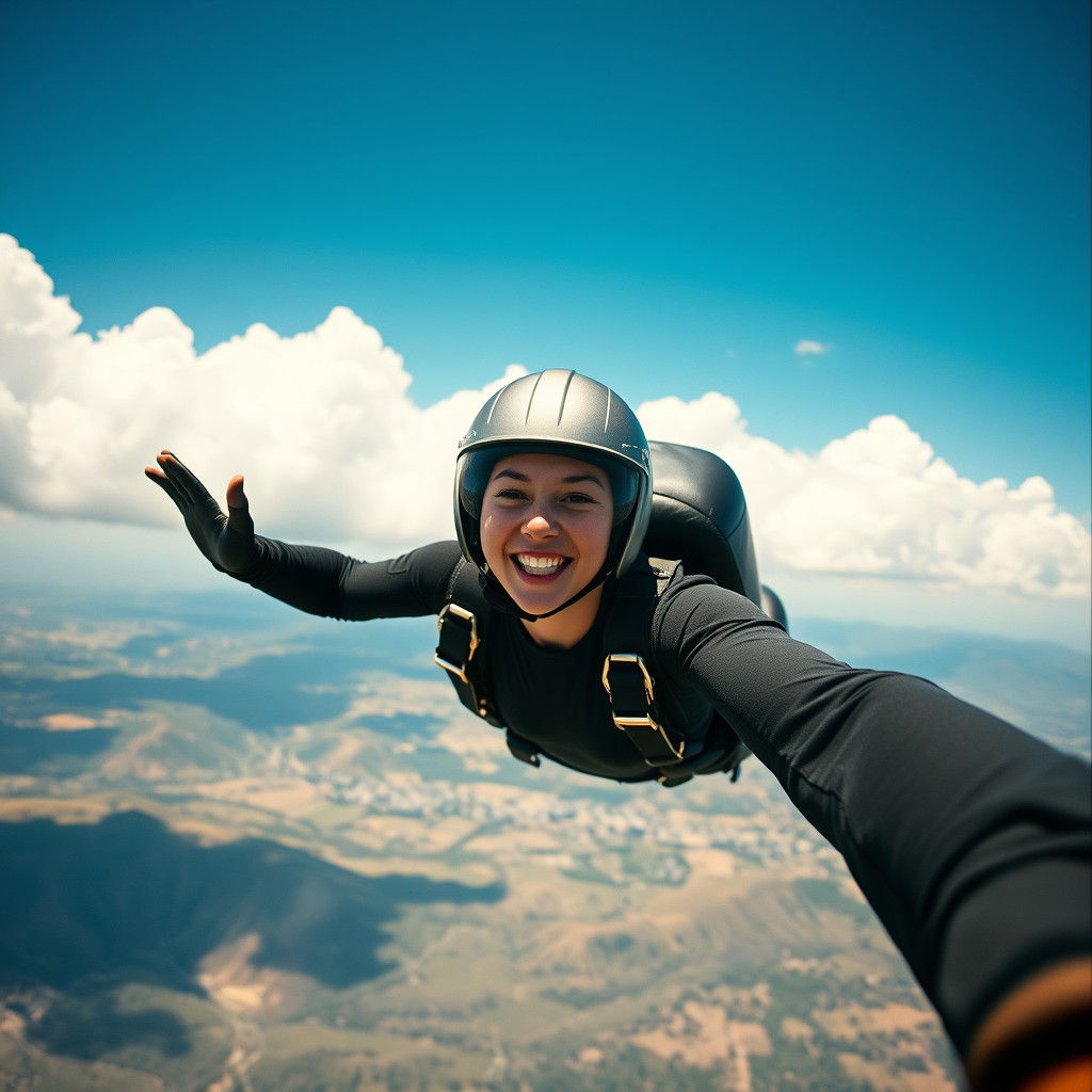 Skydiving Woman in Sleek Jumpsuit, Cinematic Film Still