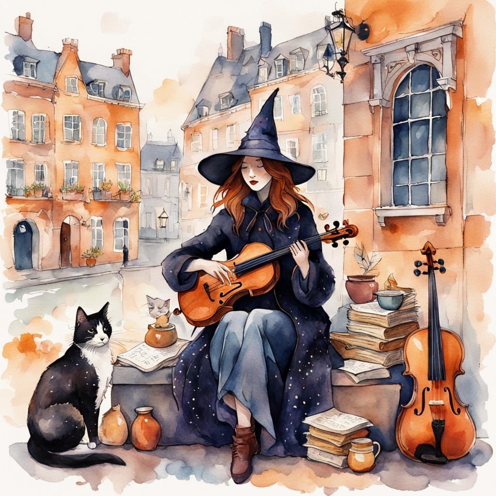 Whimsical Witch in a Charming Street Scene