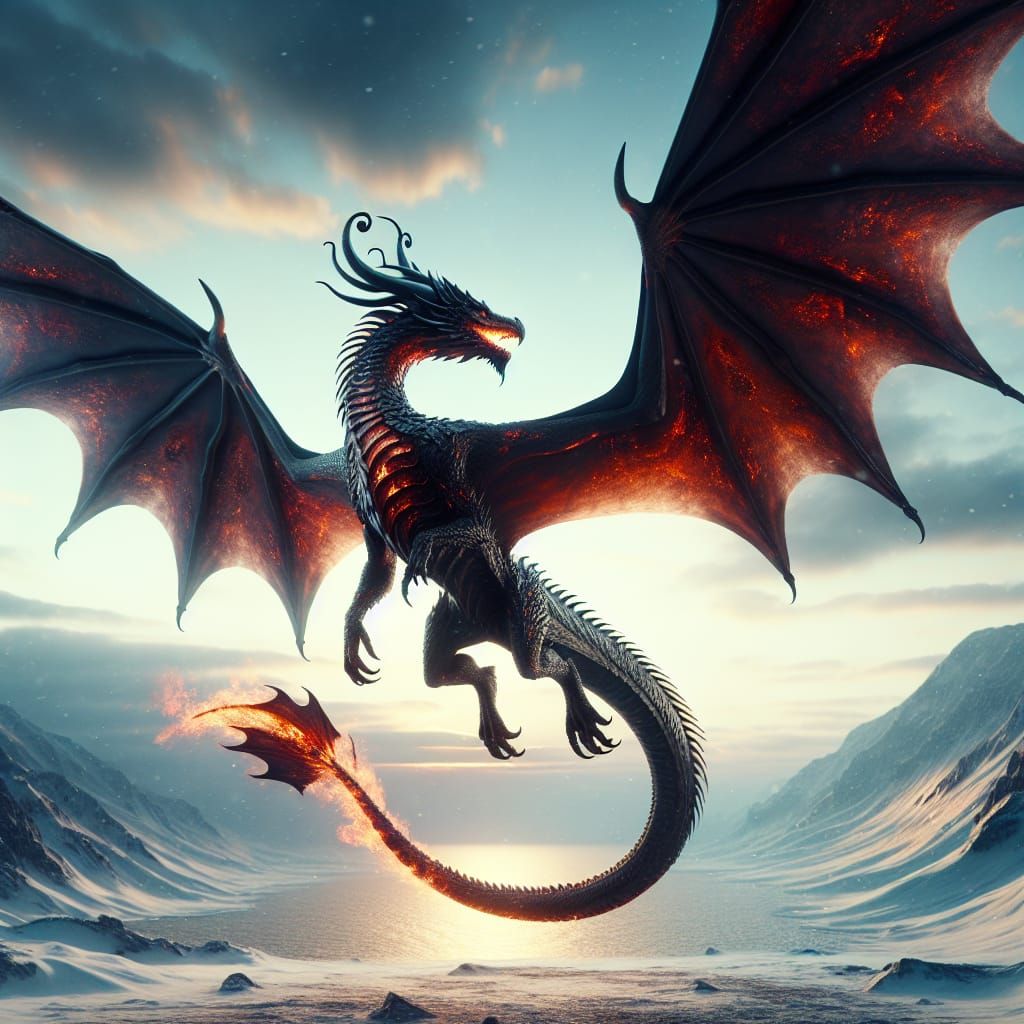 Majestic Fire Dragon Soars Through Winter Sky