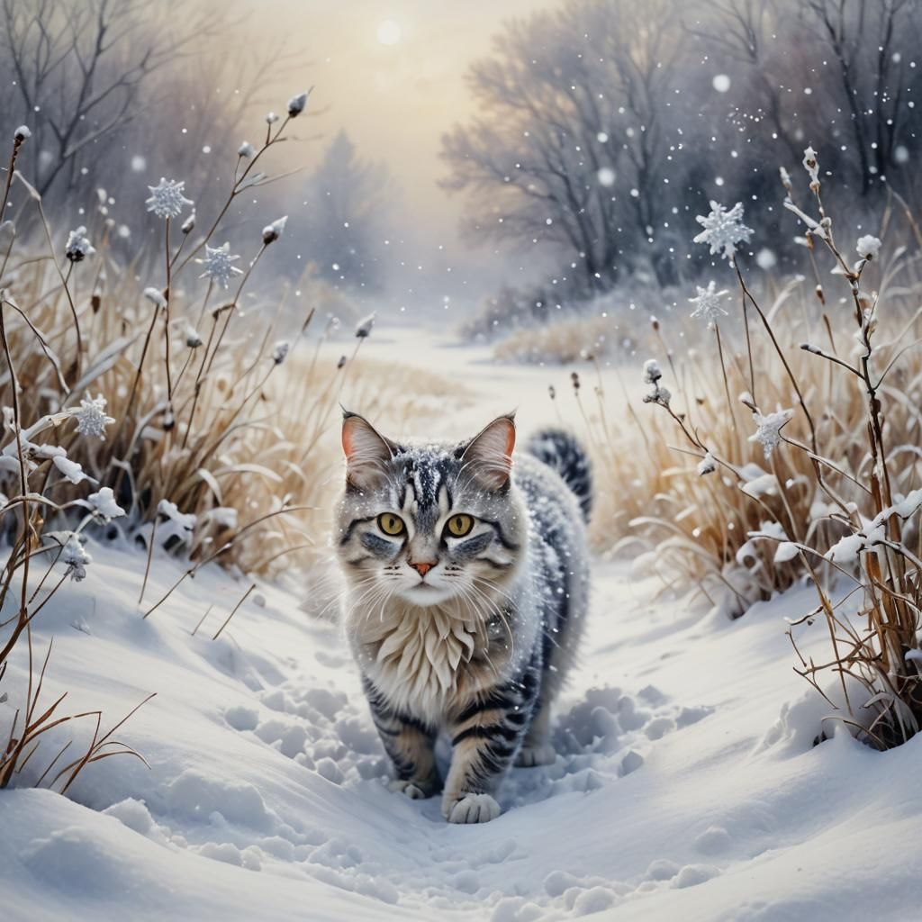 Whimsical Winter Wonderland with a Mischievous Snowcat