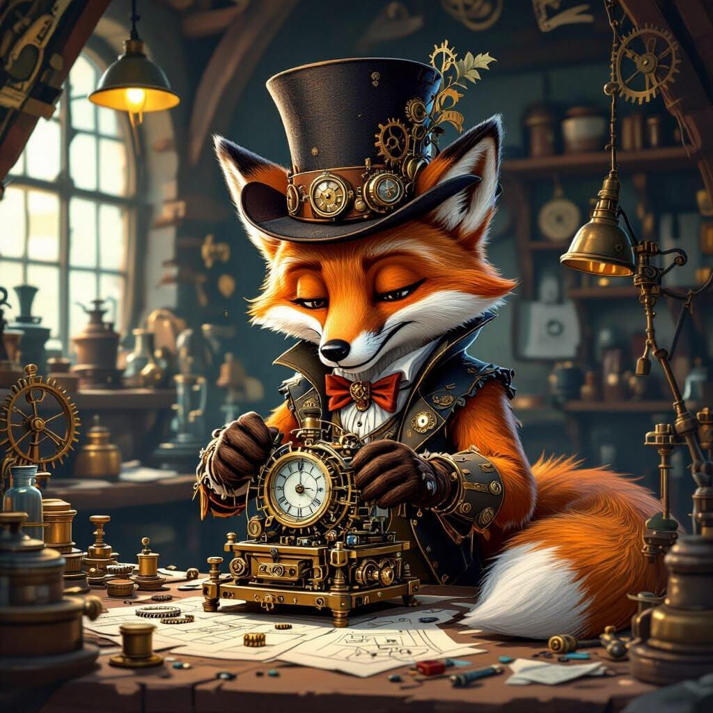 Steampunk Fox Tinkers With Clockwork in Workshop