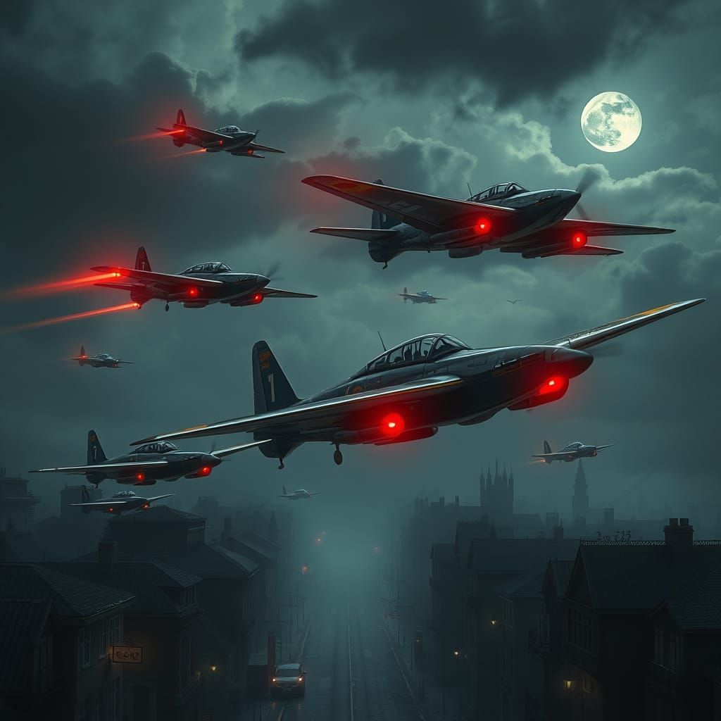 Warplanes Over Sleeping City in Dark Fantasy Style
