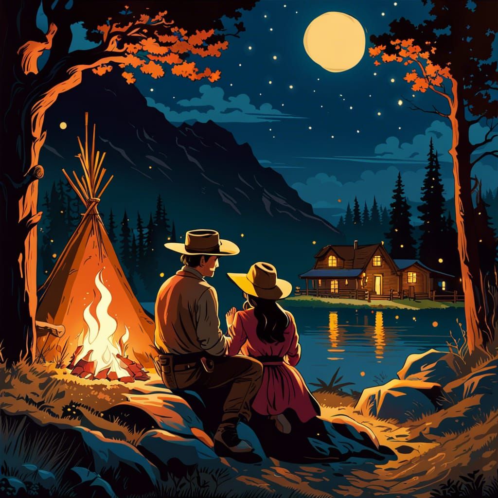 Cowboy and Cowgirl Campfire Romance in Desert Night