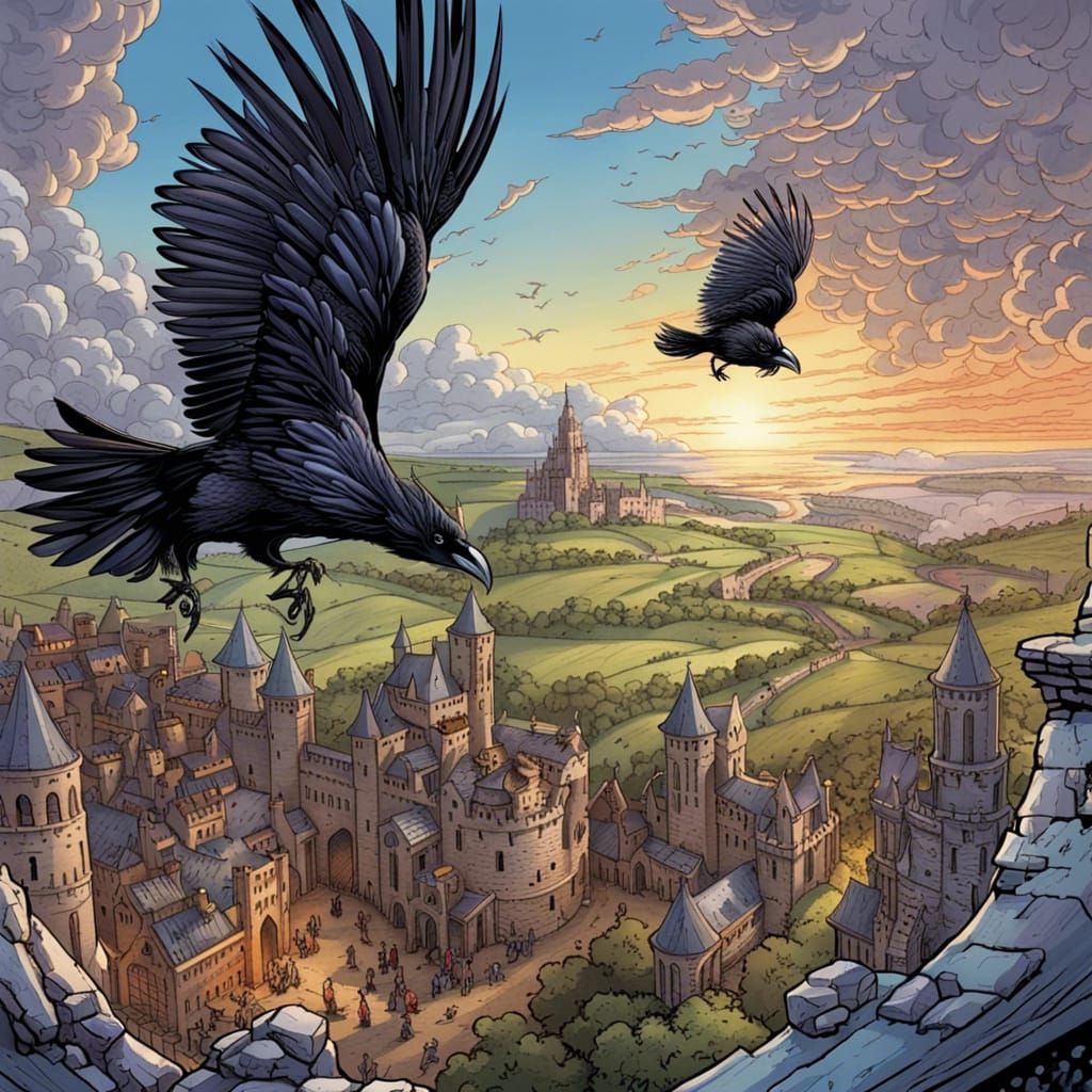 Huginn and Muninn fly over the kingdom of Camelot