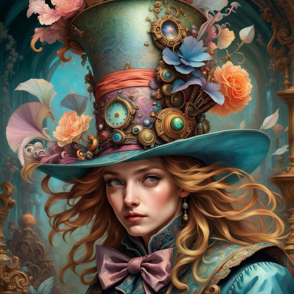 Maximalist Iridescent Mad Hatter Hat with Scenic Details