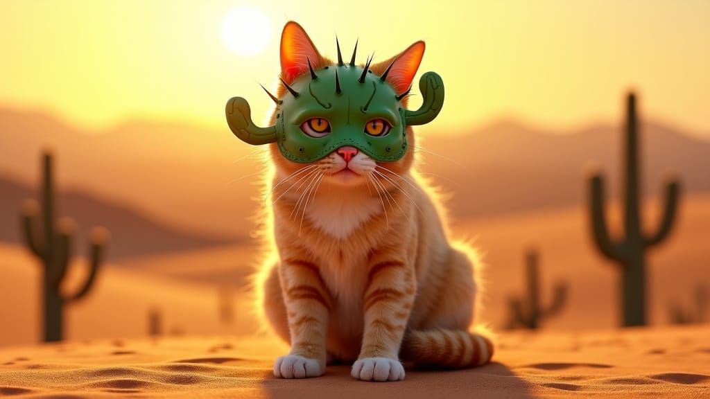 Cat Wears Cactus Mask in Desert Sunset