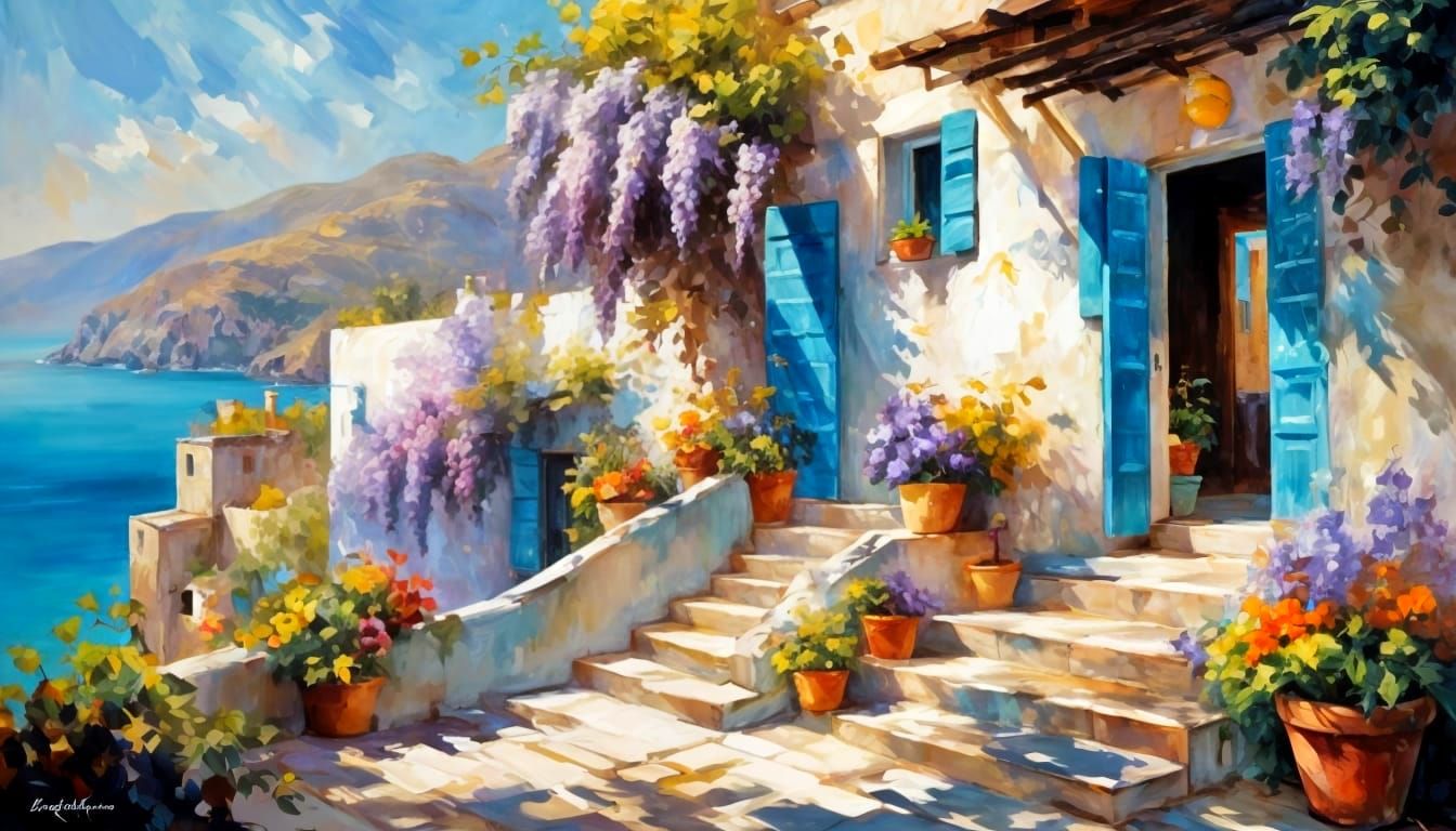 Greek Village House Impasto Painting with Wisteria