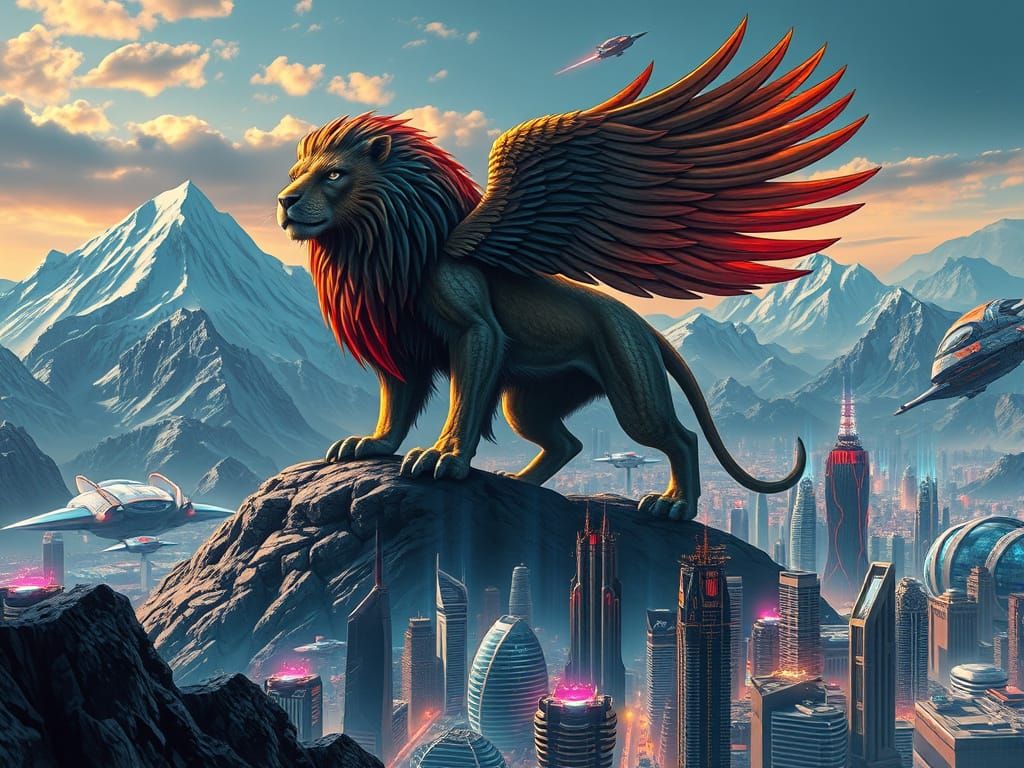 Cyberpunk Lion Eagle Hybrid Reigns Over Futuristic Metropoli...
