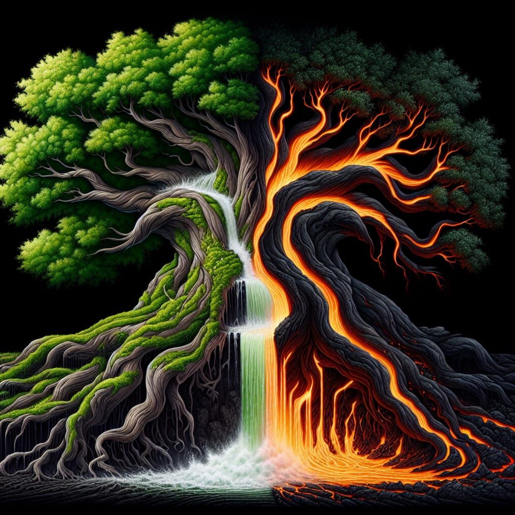 a surreal portrait of a giant gnarled tree, one half of the ...