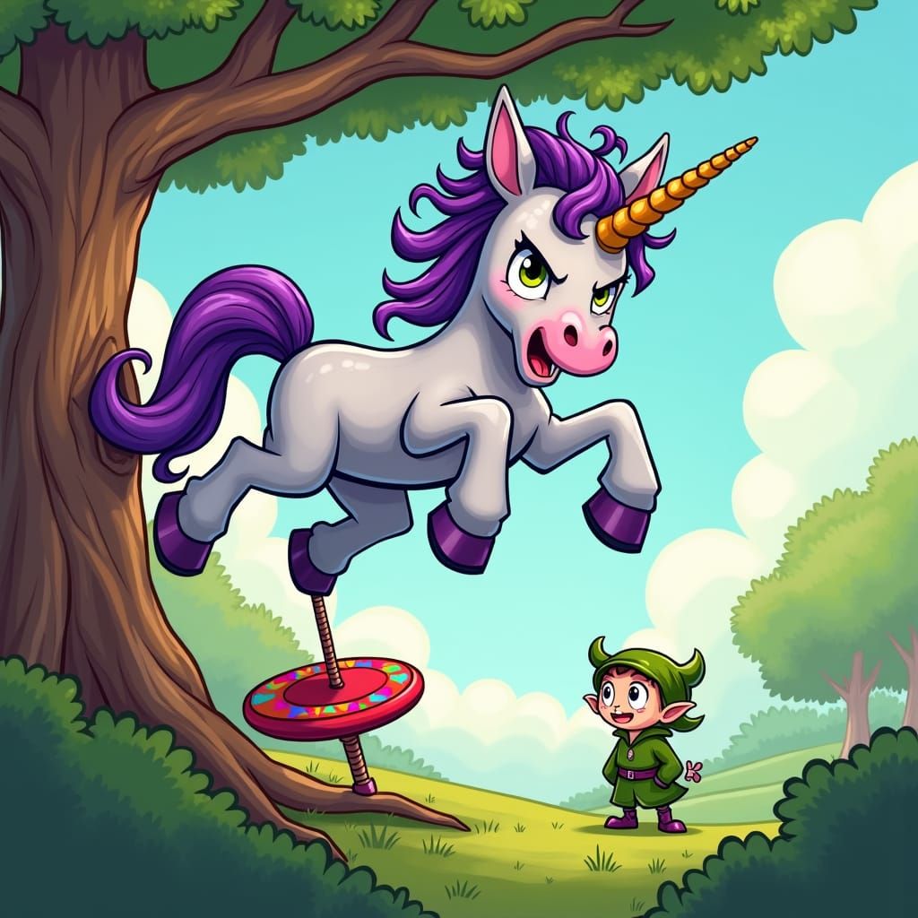 Unicorn Stuck in Tree: Whimsical Cartoon Scene