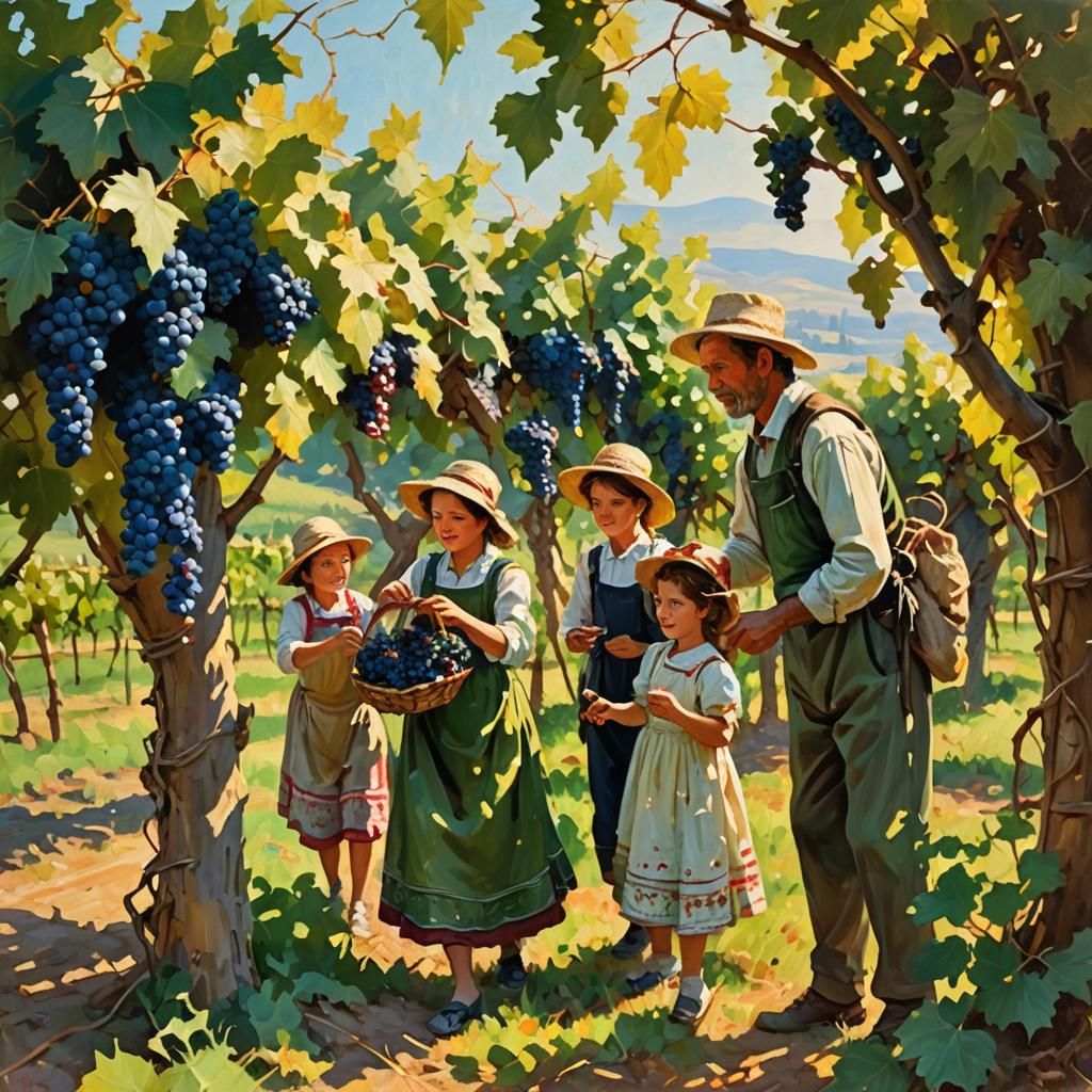 Italian Family Harvesting Grapes: An Impressionist Painting