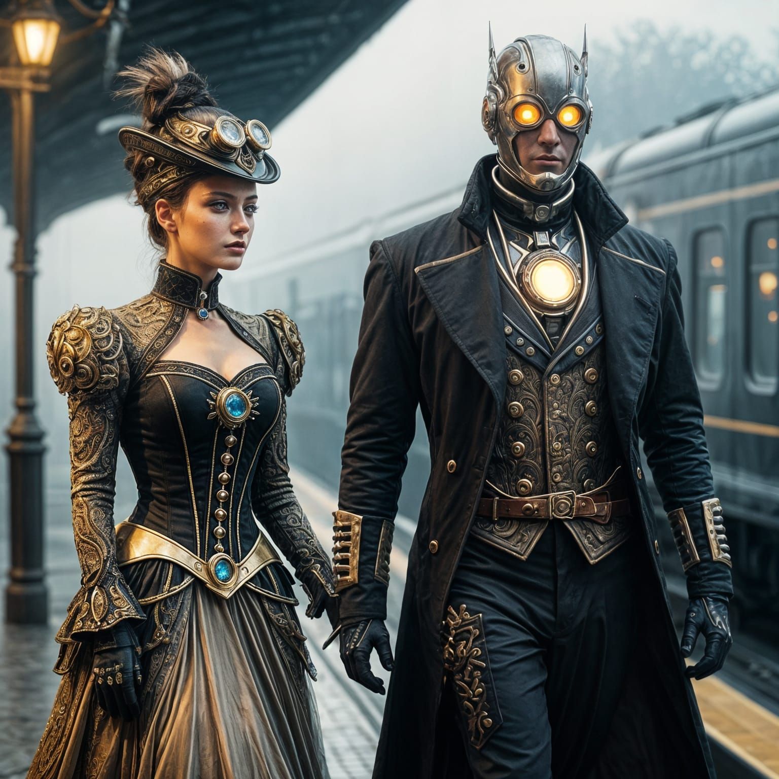 Steampunk Romance: Victorian Woman and Cyborg Portrait