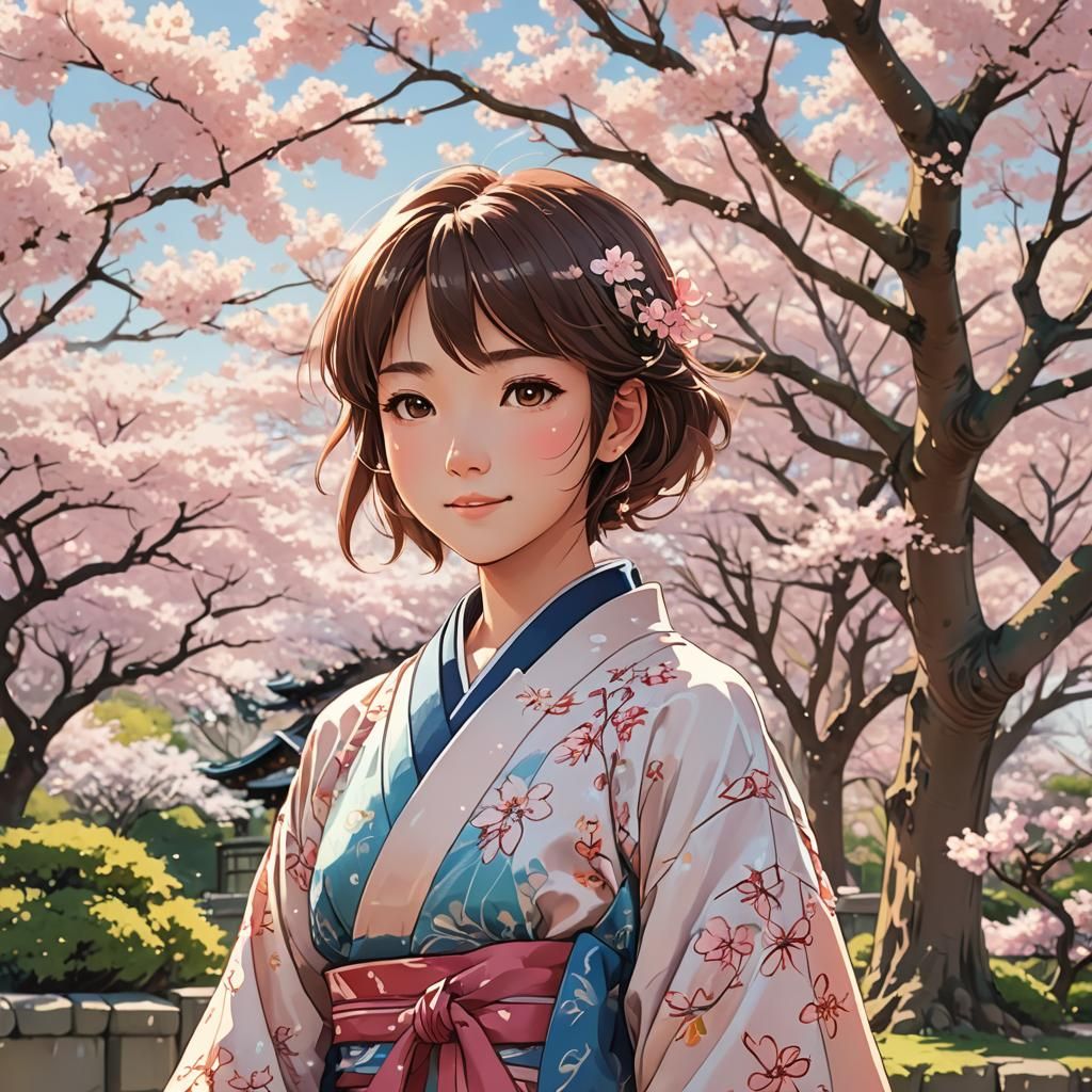 Smiling Girl in Japanese Garden, Vibrant Anime Art