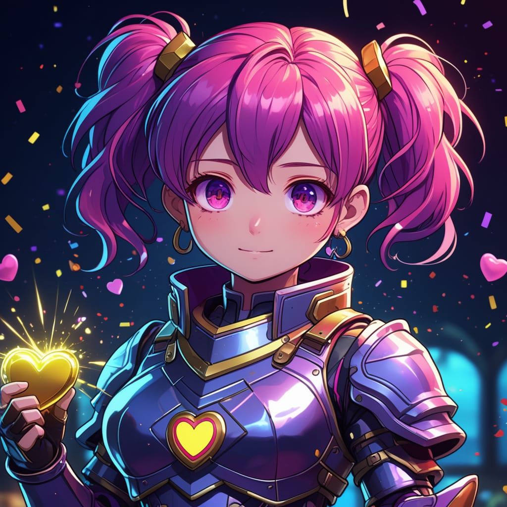Chibi Heroine with Electric Heart in Synthwave Tavern
