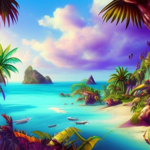 Lush Tropical Island with Gothic Architecture