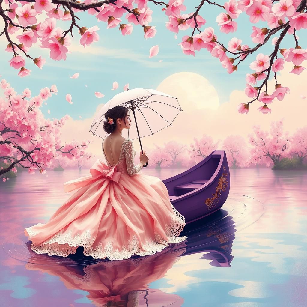 Ethereal Woman Sails Cherry Blossom Lake