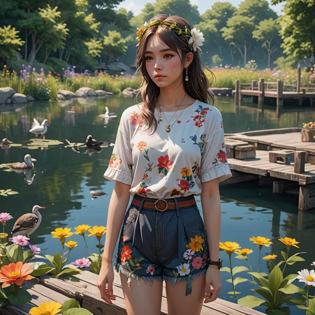 Girl on Lakeside Dock in Vibrant 3D Anime Style