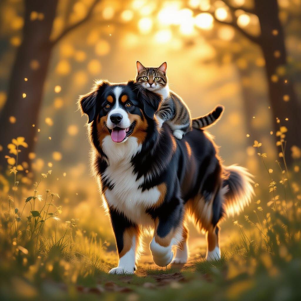 Gentle Giant Dog Carries Cat Through Sunlit Forest