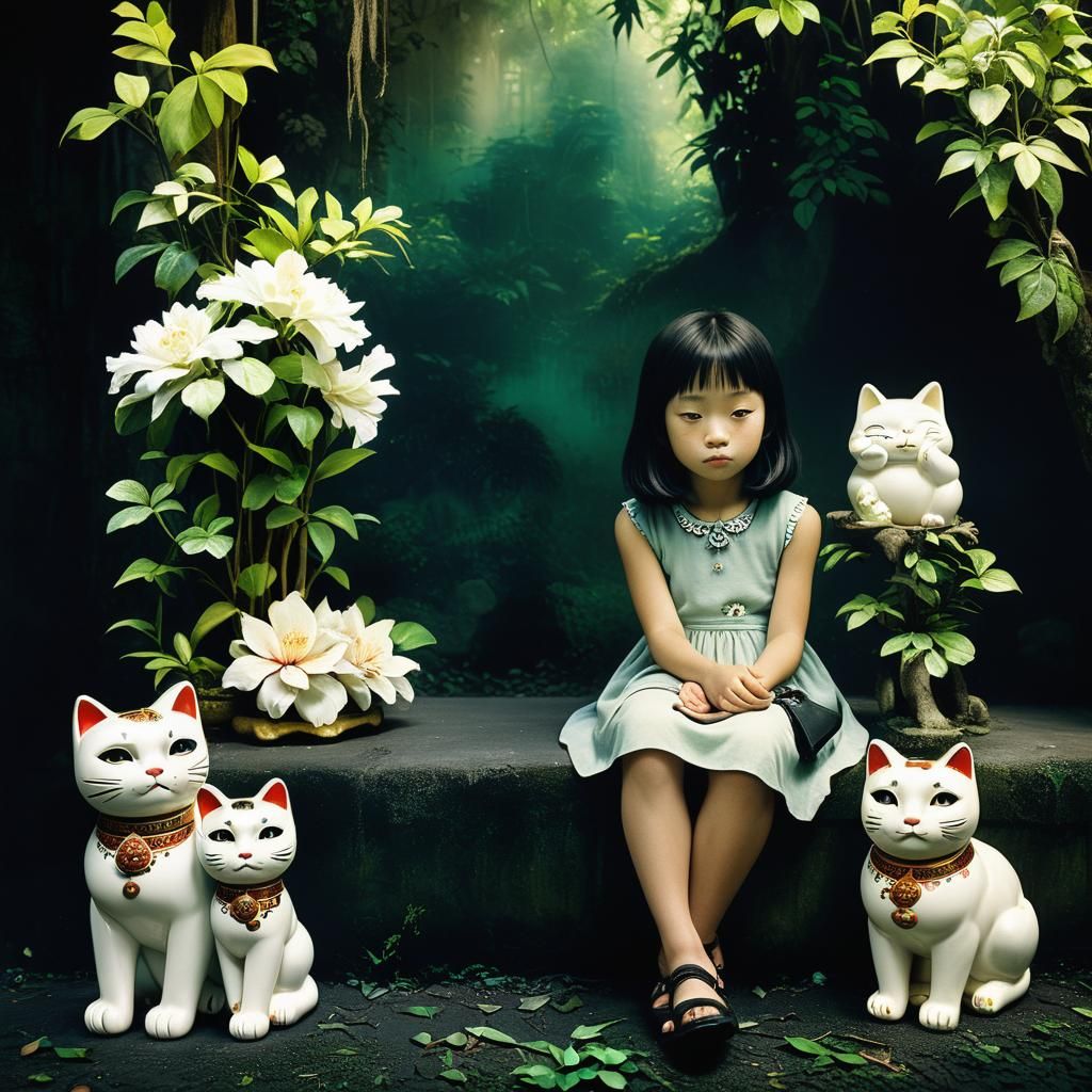 Girl with Maneki-Neko in Ghostly Jungle
