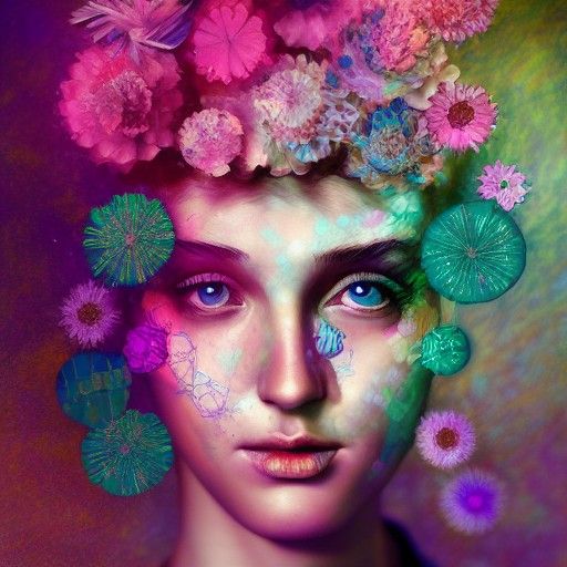 Hyperrealistic Mixed Media Portrait with Floral Elements