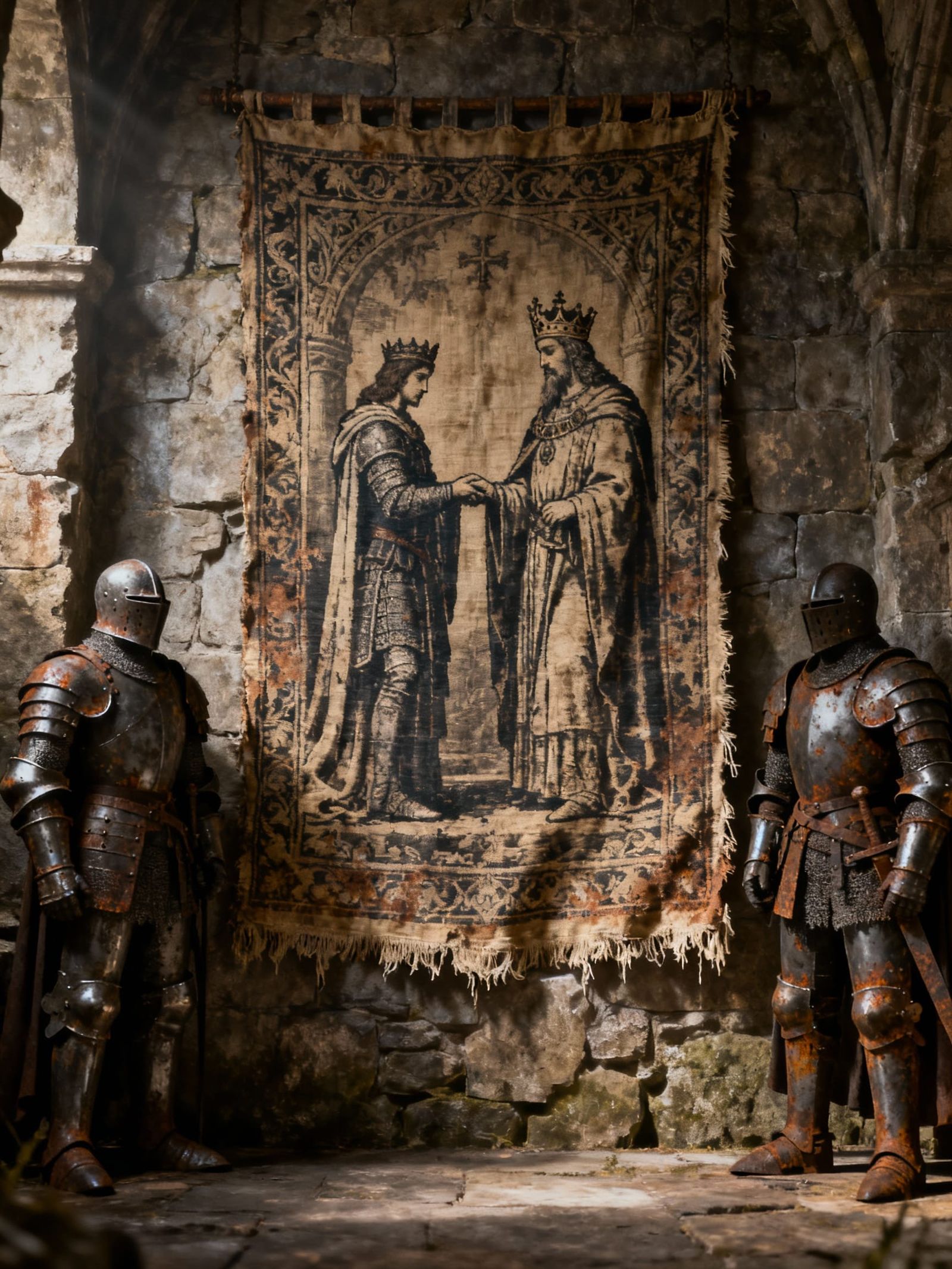 Ancient Knight Knighthood Tapestry on Stone Wall