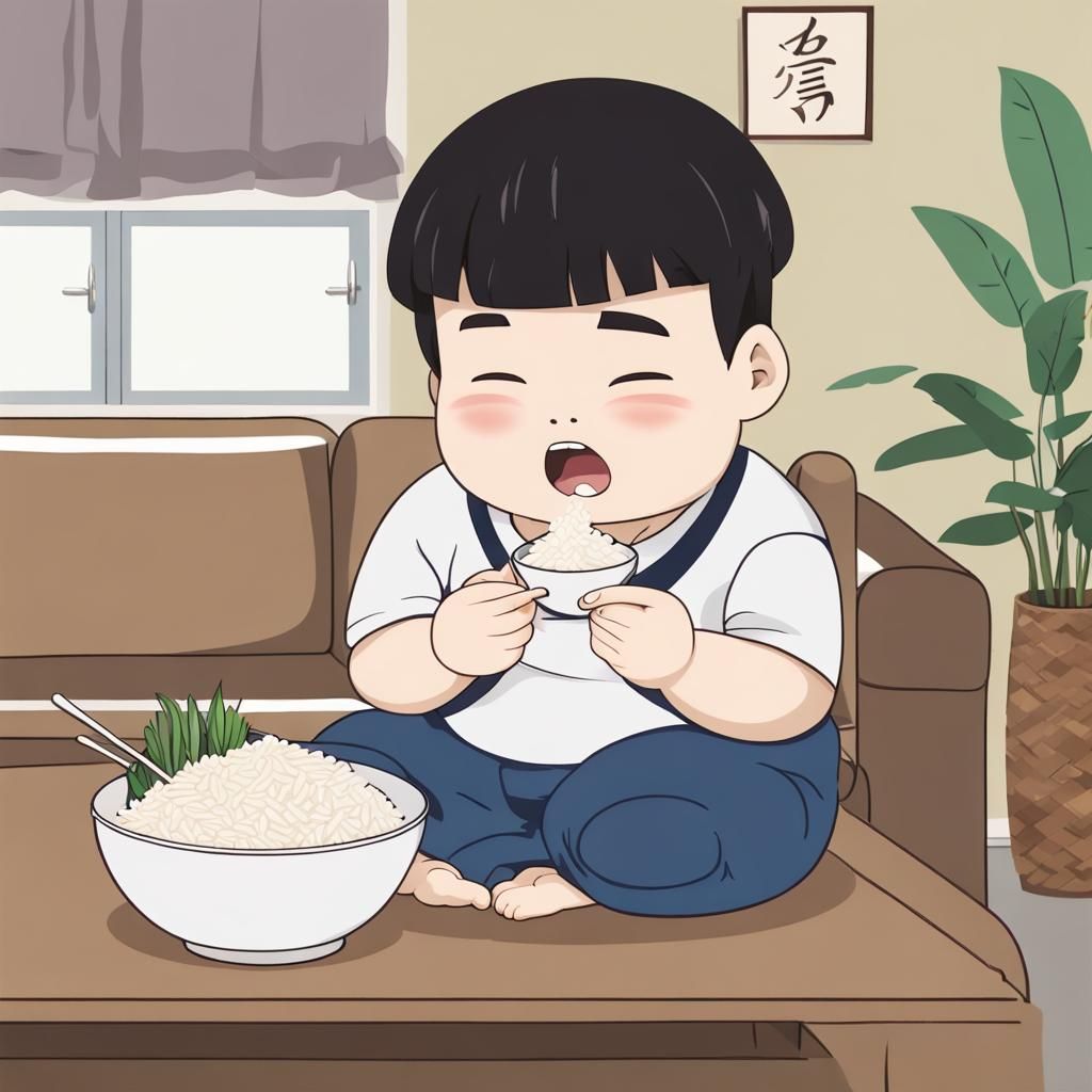 Cute Asian Boy Eating Rice in Living Room